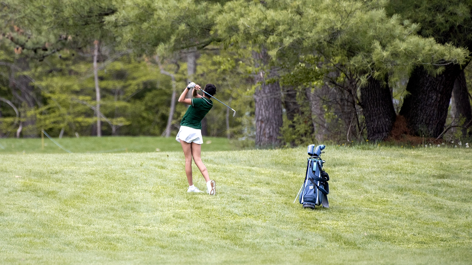 A golfer in a green shirt and white shorts swings a club on a grassy course; a blue golf bag stands nearby, and trees fill the background.