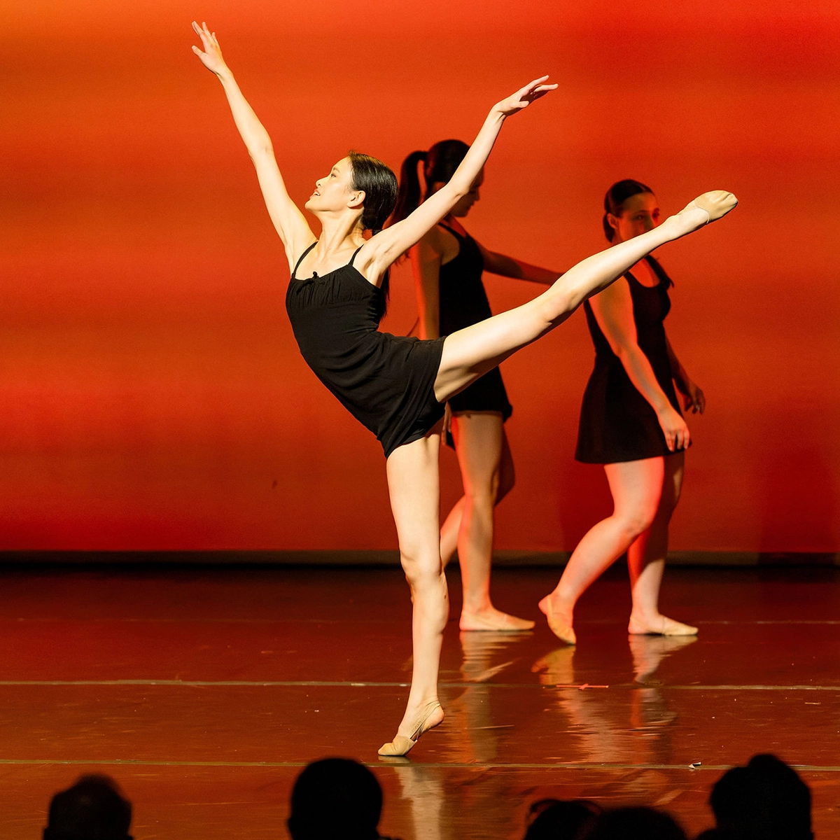Ballet dancer in a black leotard performs an arabesque on stage, arms extended, with two other dancers in black outfits in the background, against an orange-lit backdrop.