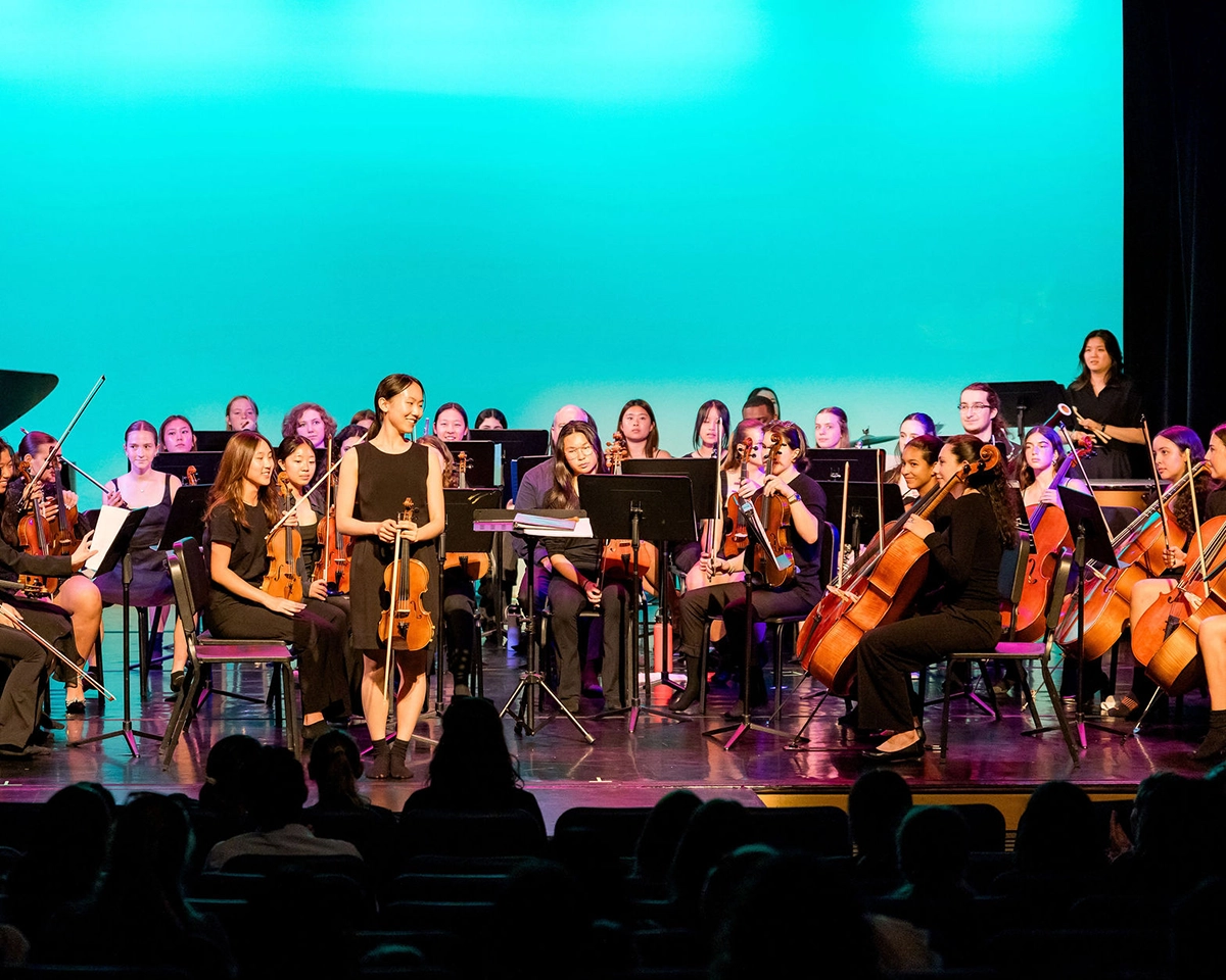 A symphony orchestra performs on stage, with musicians playing violins, cellos, and other instruments under bright lights, while an audience watches from the darkened seats.