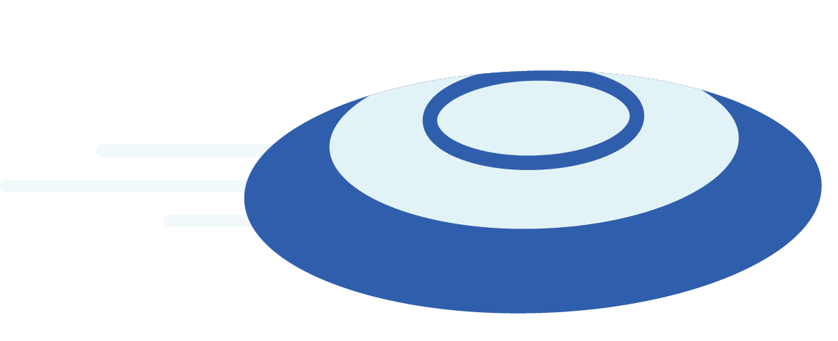 A simple blue and white illustration of a flying saucer or UFO, shown from an angle with motion lines suggesting its moving quickly to the left.
