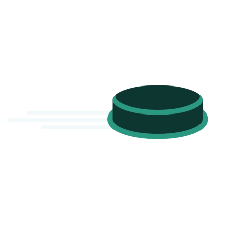 A dark green hockey puck with a teal edge slides quickly to the right, leaving motion trails behind it on a white background.