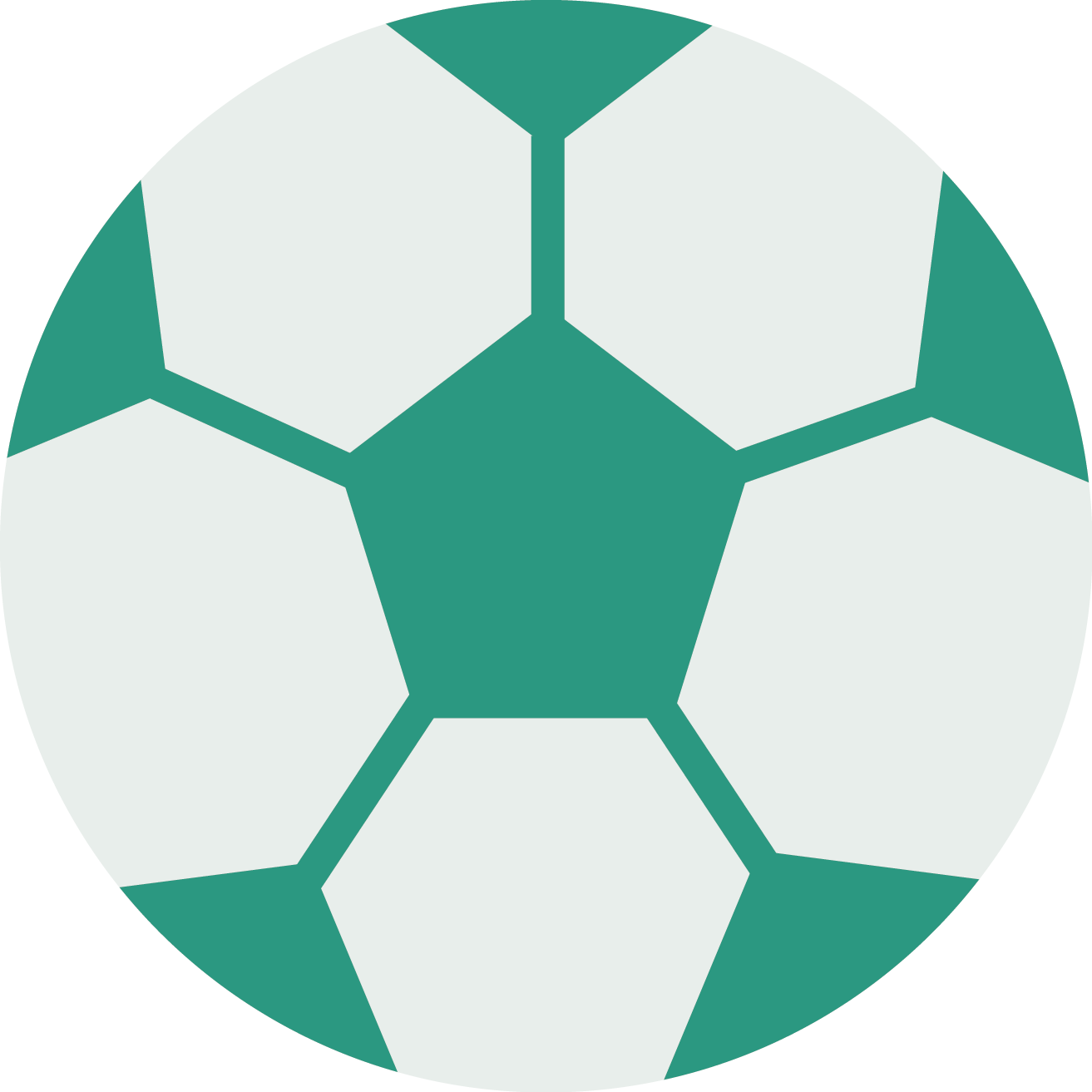 A simple illustration of a classic soccer ball with green and white hexagonal and pentagonal panels.