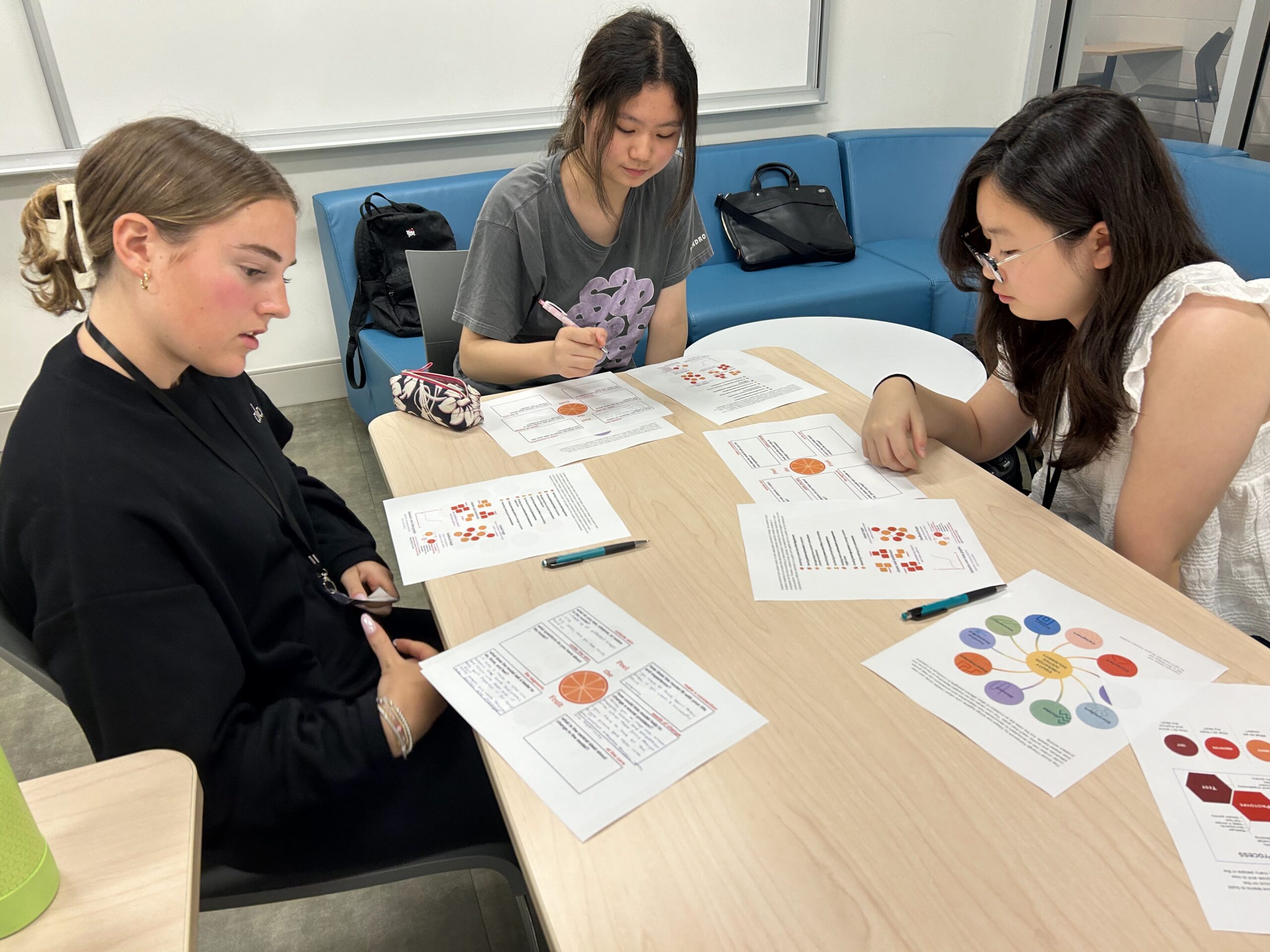 Three young women sit at a table in a classroom, looking over colorful printed charts and papers while discussing and taking notes during Voices of Leadership.