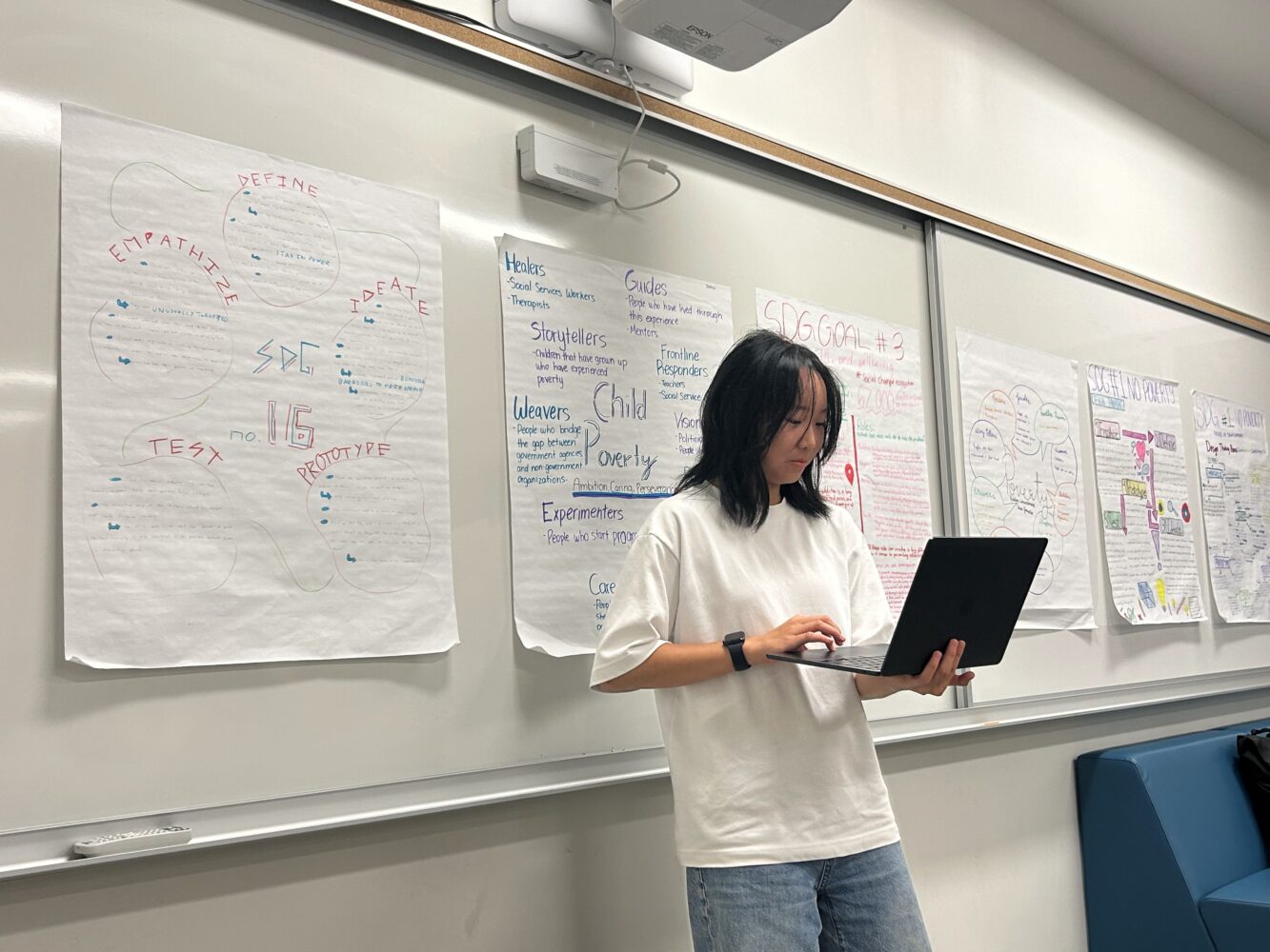 A person stands in front of a whiteboard with posters and handwritten notes, holding and typing on a laptop, presenting or preparing in a classroom setting.