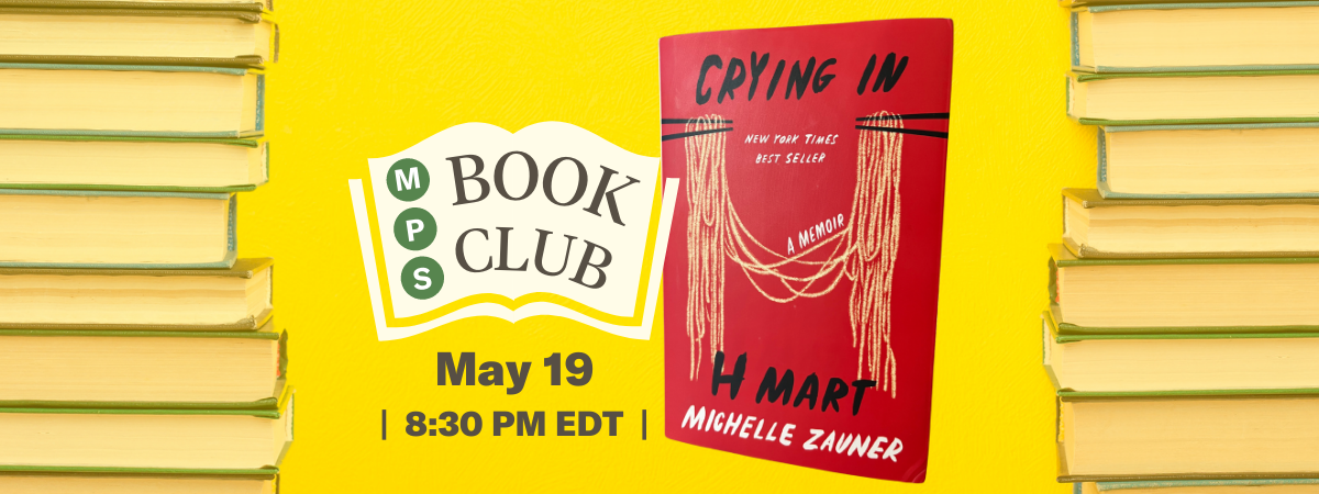 Ancient Book Club graphic with a photo of the selected book, Crying in H Mart