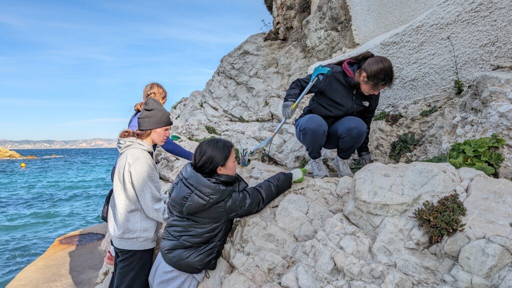 MPS students cleaning up trash on the Marseille shoreline