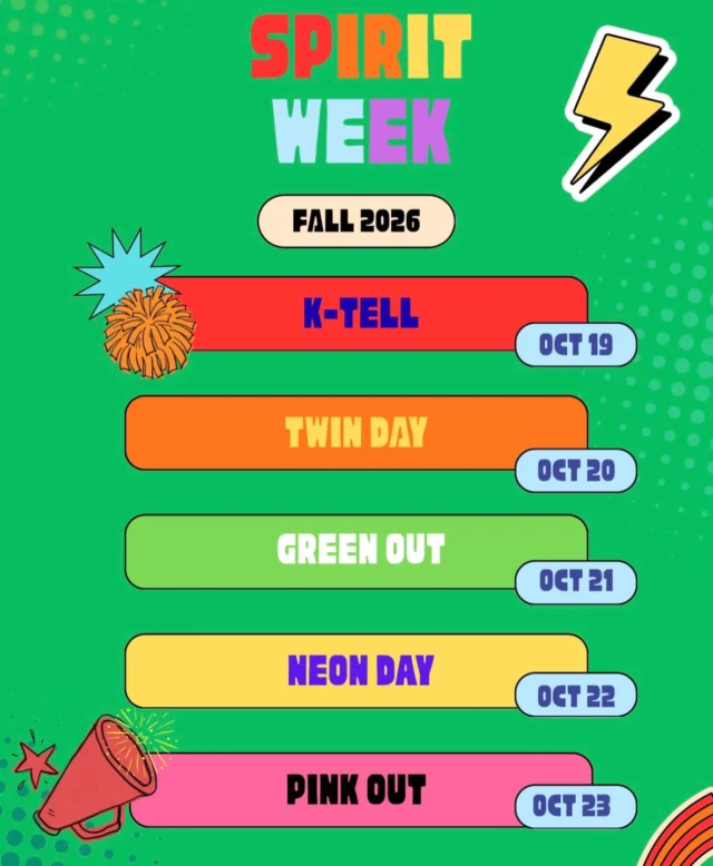 Fall 2026 SPIRIT WEEK starts tomorrow!! 📢 Can’t wait to see you all at Volleyball’s 🏐 Dig Pink Game Friday @ 4:45PM i…
